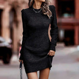 Long sleeved sexy waistband slimming knit sweater dress