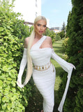 White Glove Mesh Ribbon Long Dress Hanging Neck