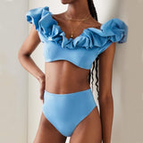 New one-piece bikini bubble shoulder solid color high waist split swimsuit